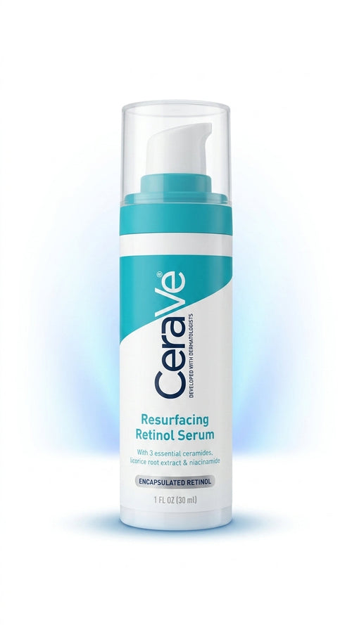 Sérum CeraVe Resurfacing Retinol 30 ml sobre fondo blanco con aurora azul
