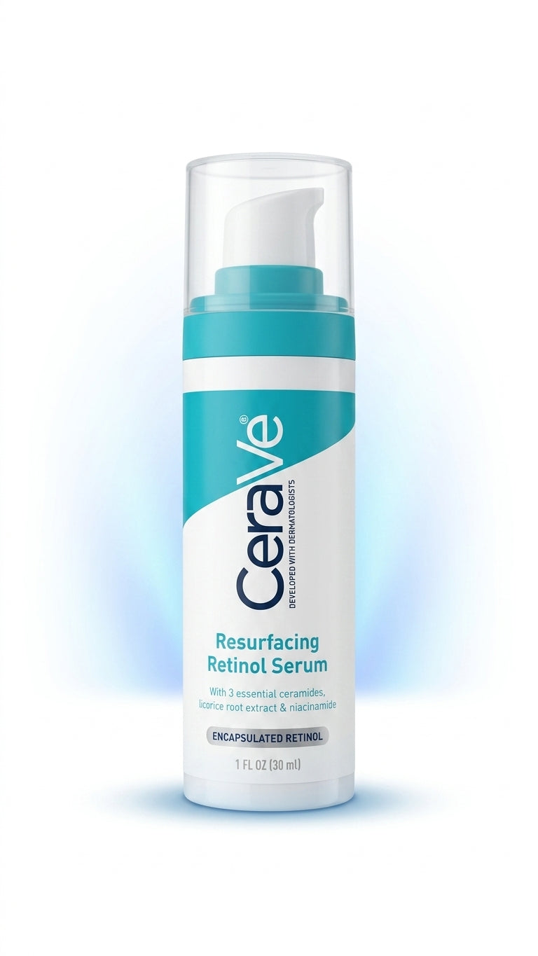 Sérum CeraVe Resurfacing Retinol 30 ml sobre fondo blanco con aurora azul