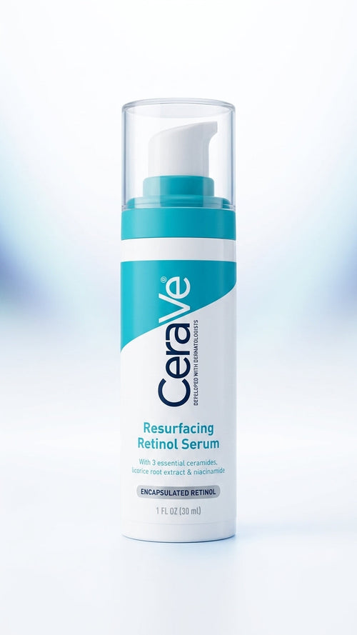 Sérum CeraVe Resurfacing Retinol 30 ml, ficha de producto sobre fondo blanco