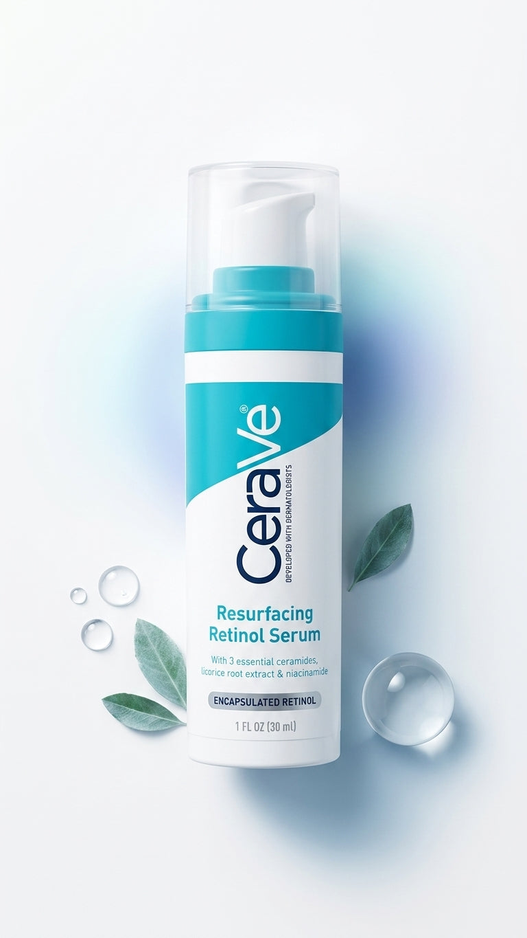 Sérum CeraVe con gotas de agua y elementos que representan sus activos