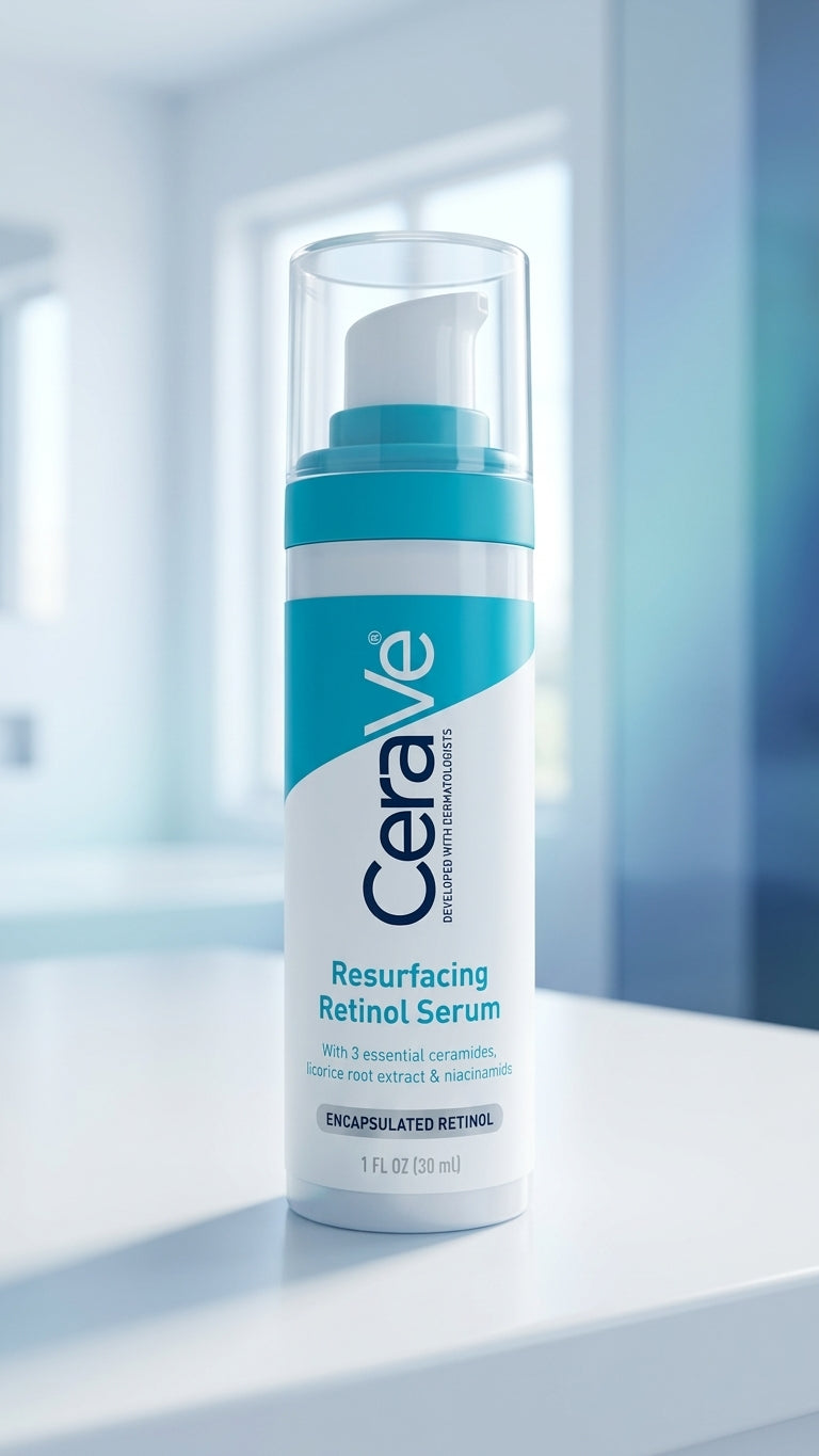 Sérum CeraVe sobre superficie clara en un baño minimalista luminoso