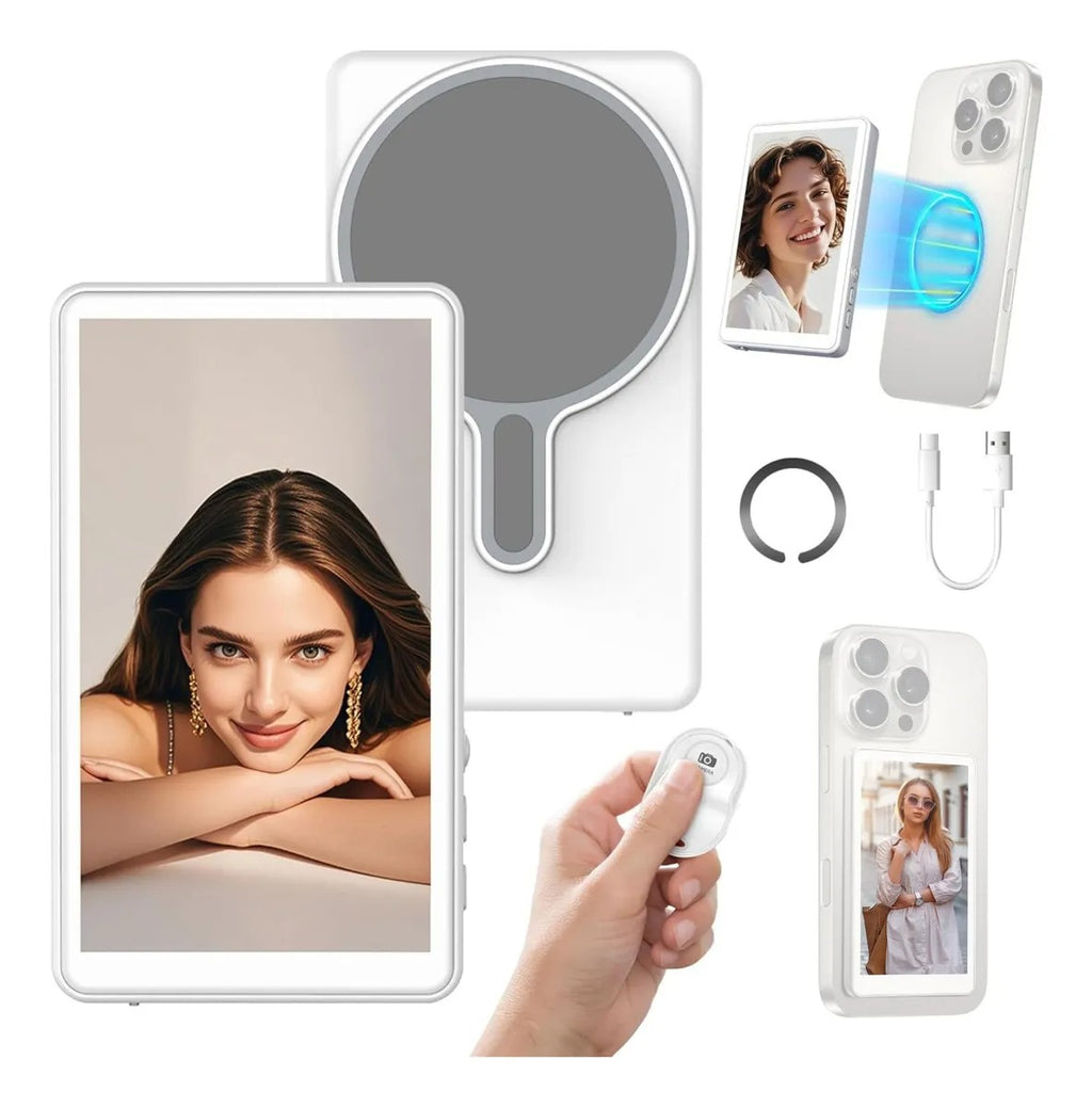 Set completo del Selfie Pantalla T1: pantalla magnética, funda con espejo, aro magnético, control Bluetooth y cable de carga