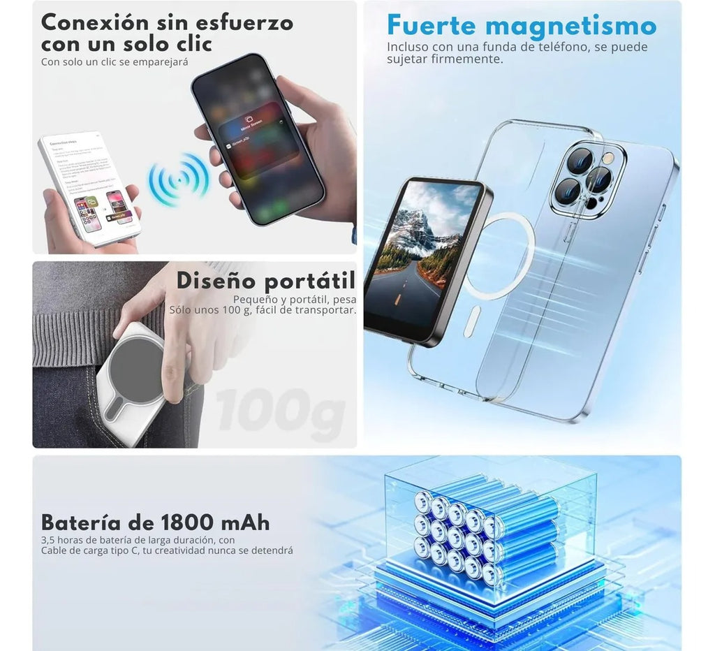 Conexión con un clic, fuerte magnetismo incluso con funda, diseño portátil de 100 gramos y batería de 1800 mAh