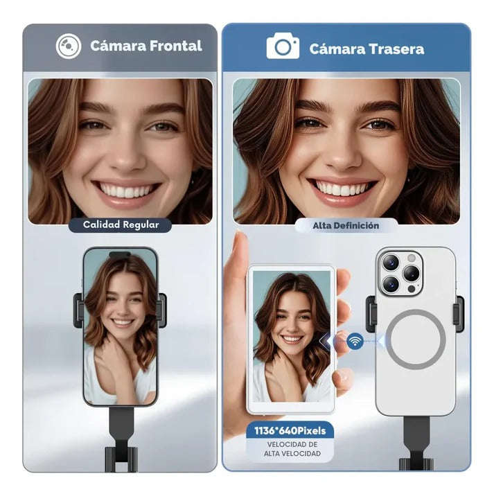 Comparativa entre la calidad regular de la cámara frontal y la alta definición de la cámara trasera usando el Selfie Pantalla